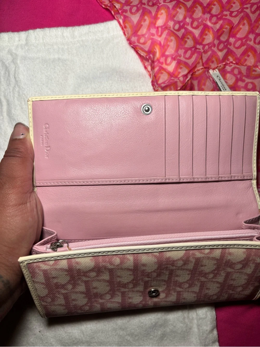 Dior Pink Oblique Trifold Wallet with Cream Trim .vintage Dior scarf